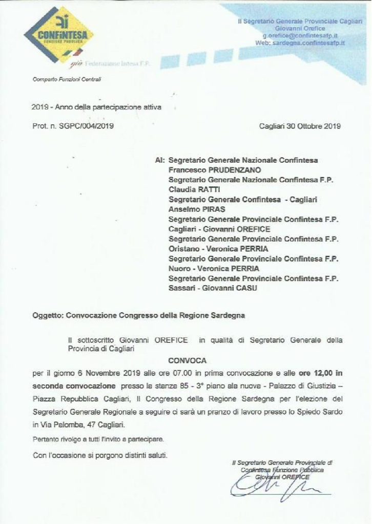 Confintesa F.P. il 6 Novembre 2019 si svolgerà a Cagliari il Congresso della Regione Sardegna