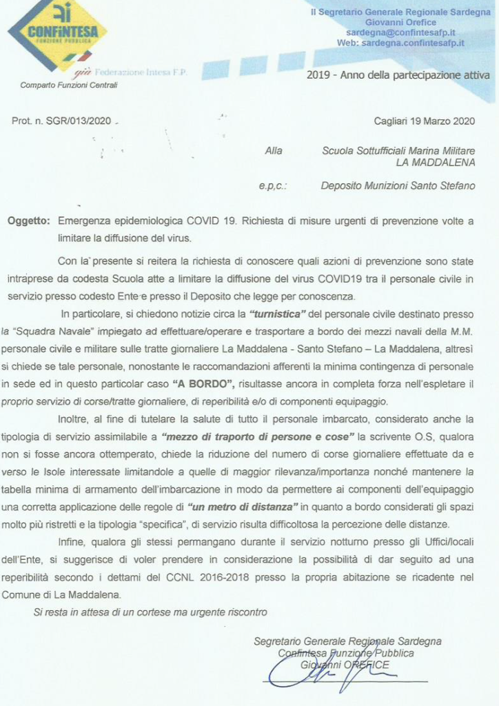 Ministero della Difesa – Emergenza COVID-19 -Lettera alla Scuola Sott.li di La Maddalena
